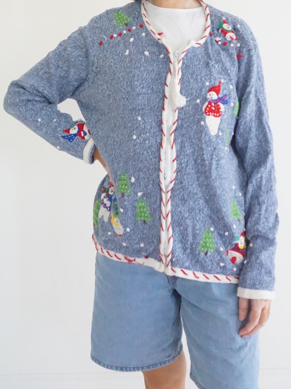 VTG Blue Snowman Christmas Tree Snowflake Embroidered Ugly Christmas Cardigan M